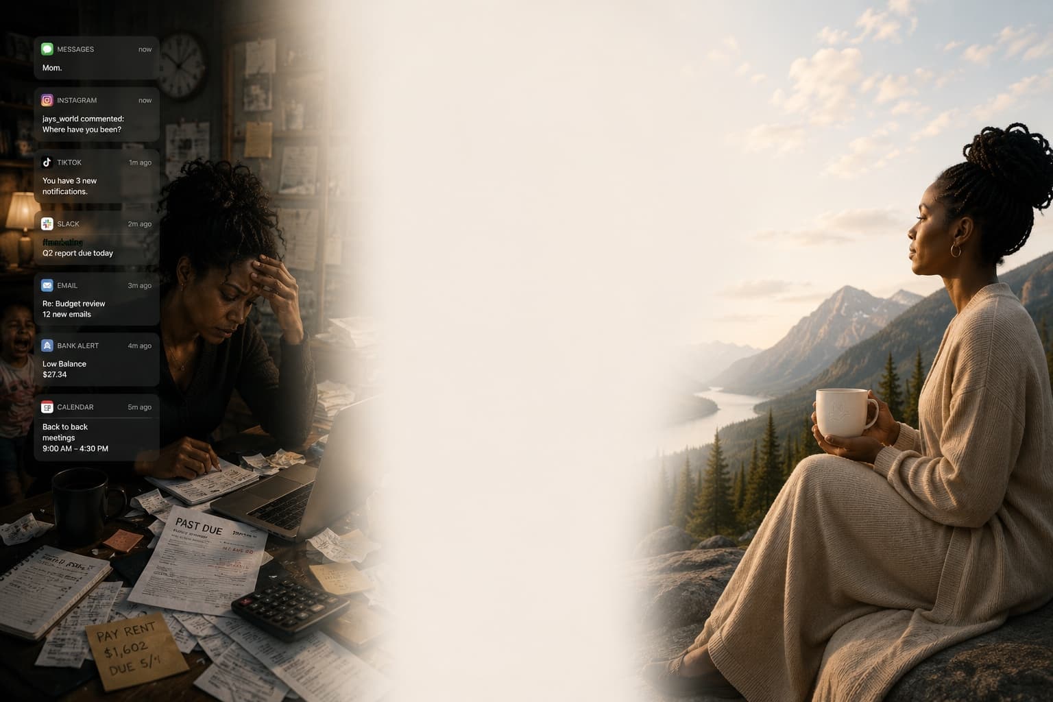A split scene: on the left, a woman overwhelmed at a desk buried in past-due bills and phone notifications while a child cries nearby; on the right, a woman sitting calmly with a cup of tea before a mountain lake at sunrise — the same life under different conditions