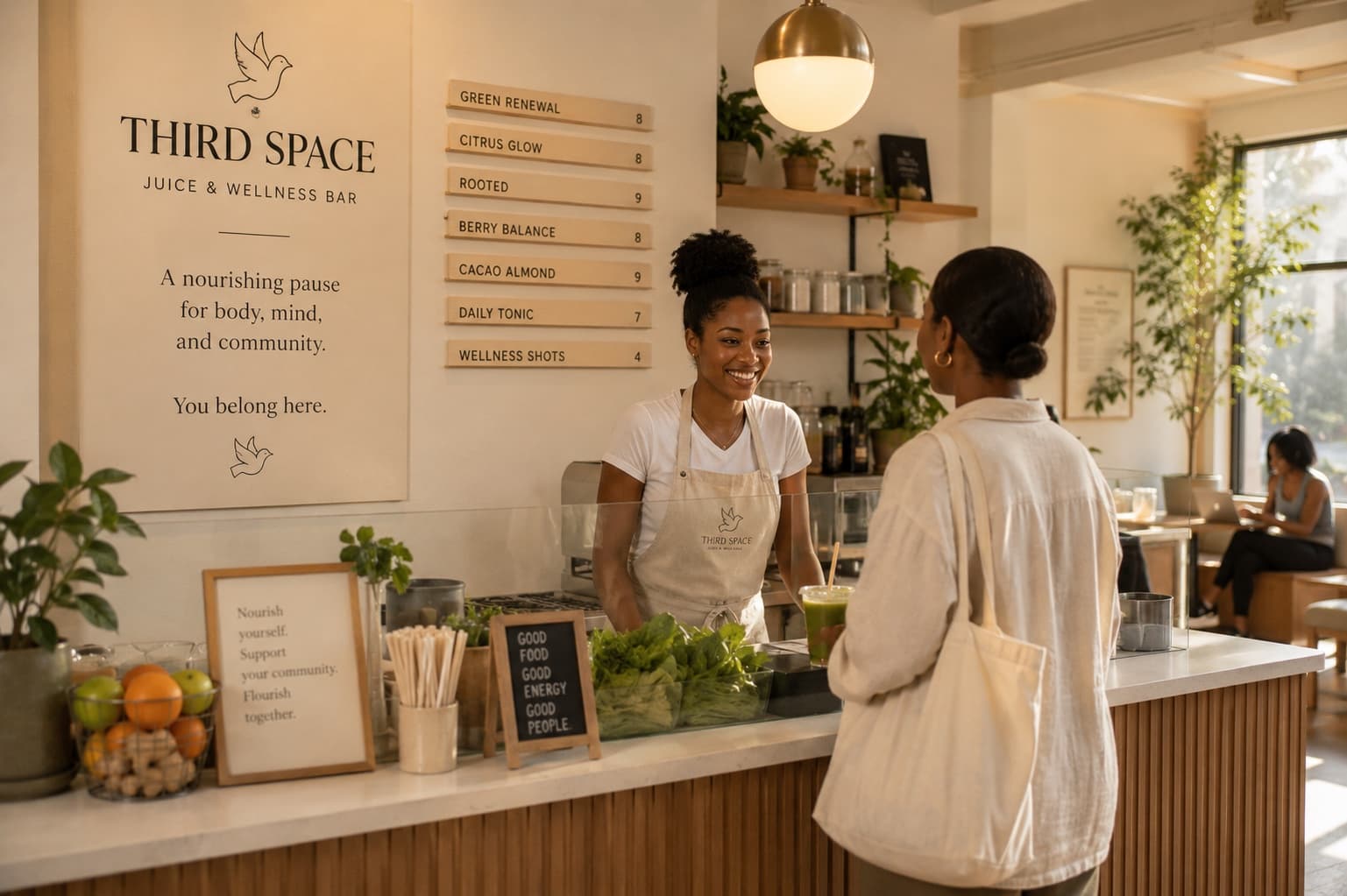 A bright juice and wellness bar in morning light — someone behind the counter handing a green juice to a customer, fresh produce and plants along the counter, another person working at a table by the window
