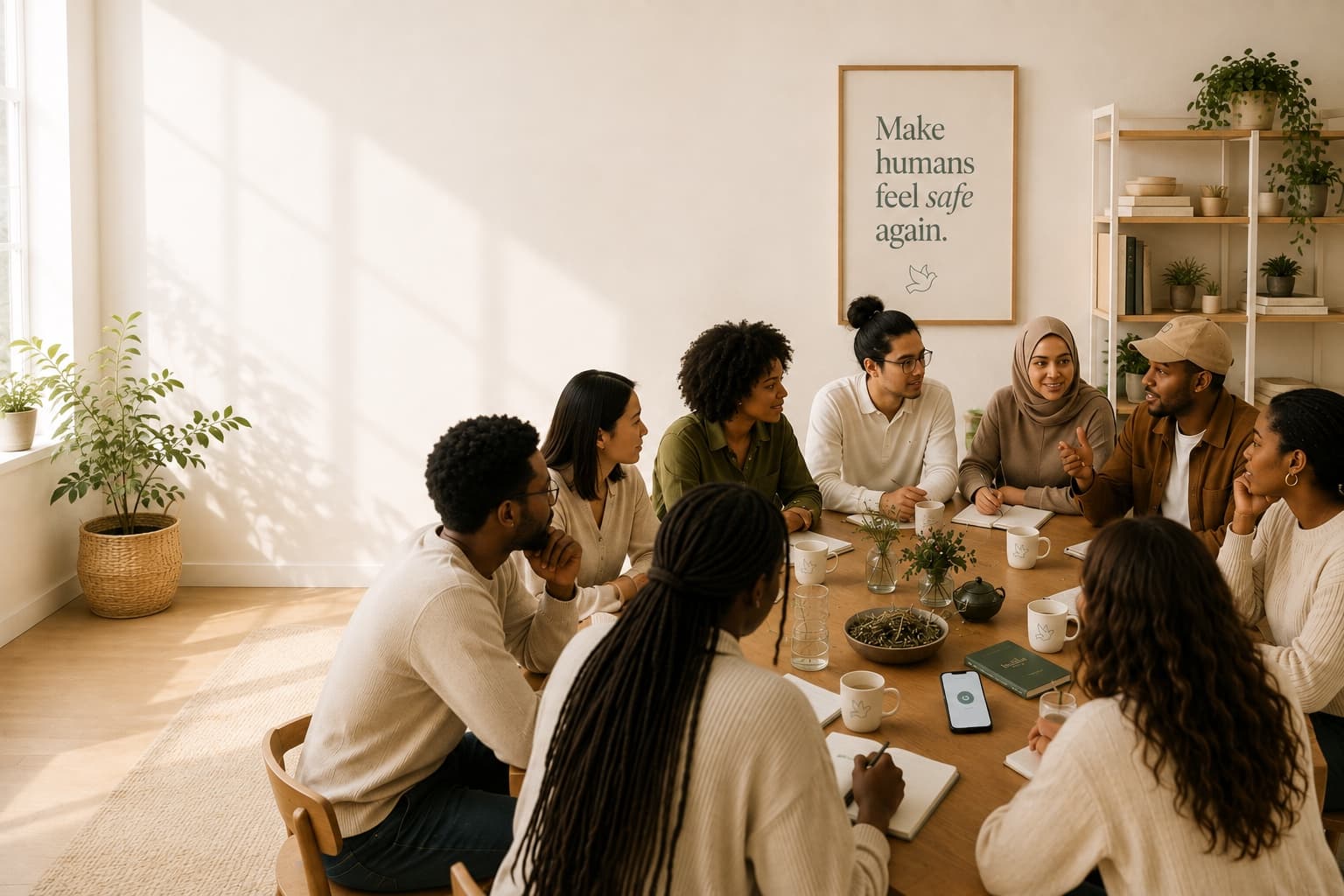 A group of ten people seated around a long table in a bright, plant-filled room, mid-conversation — notebooks and mugs in front of them, a phone showing the MoreLife app, and a framed print on the wall reading “Make humans feel safe again”