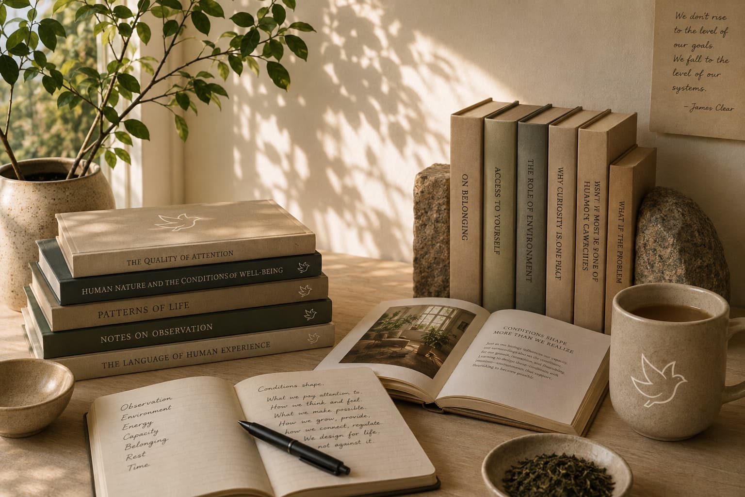 A sunlit desk seen from across the table: a stack of linen-bound books, an open notebook with observation, environment, energy, capacity, belonging, rest and time written down the page, an open illustrated volume, a row of upright books between stone bookends, a stoneware mug marked with a dove, and a small bowl of loose tea