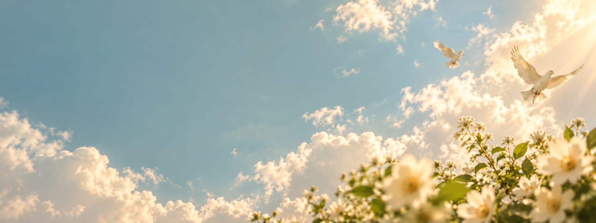 Two white doves in flight against a blue sky of sunlit cloud, above a bank of white blossom.