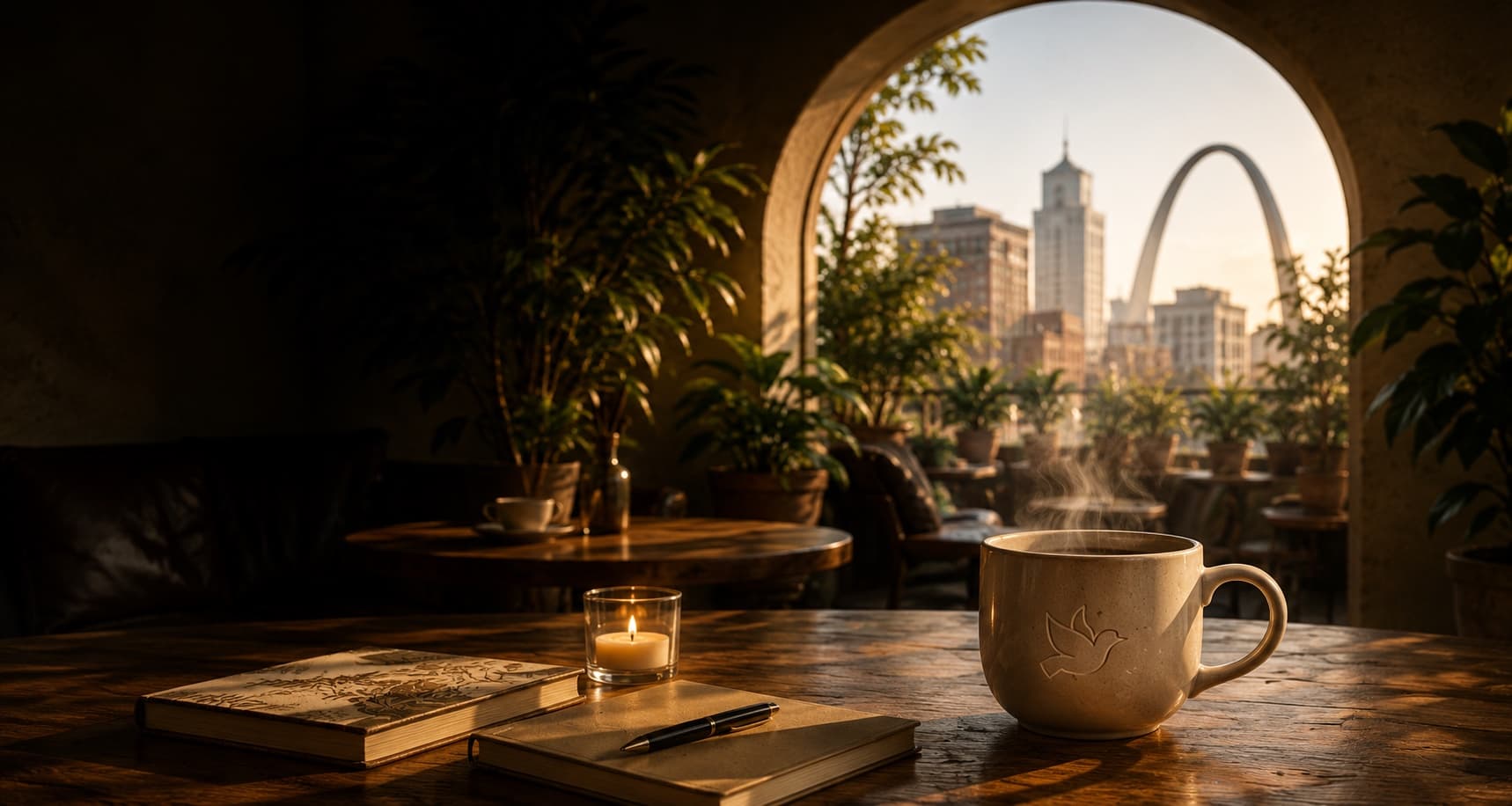 A café table in warm light — a steaming cup marked with a dove, a lit candle, and two journals with a pen — with the Gateway Arch and the St. Louis skyline beyond